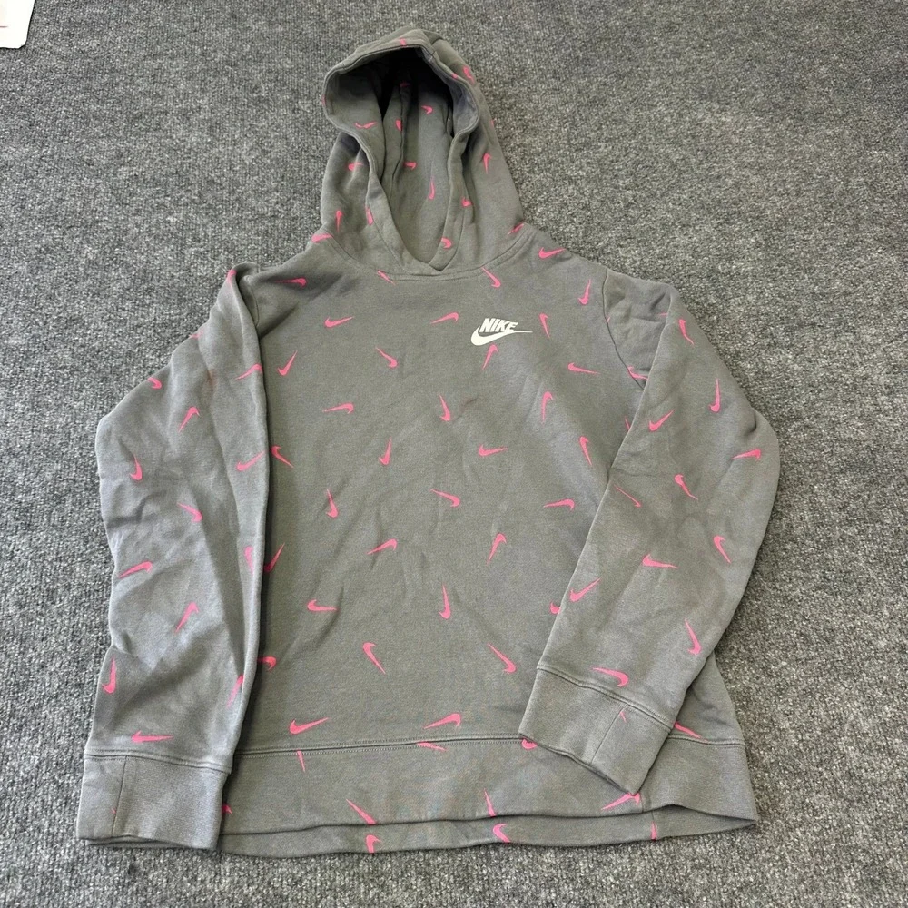 Nike Hoodie Womens Size XL Gray Pink All Over Swoosh Print Standard Fit Fleece